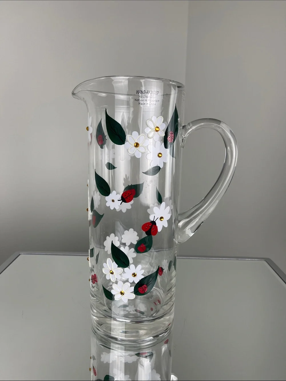 Homegoods Hand-Painted Ladybug & Floral Glass Pitcher 64 fl.oz.